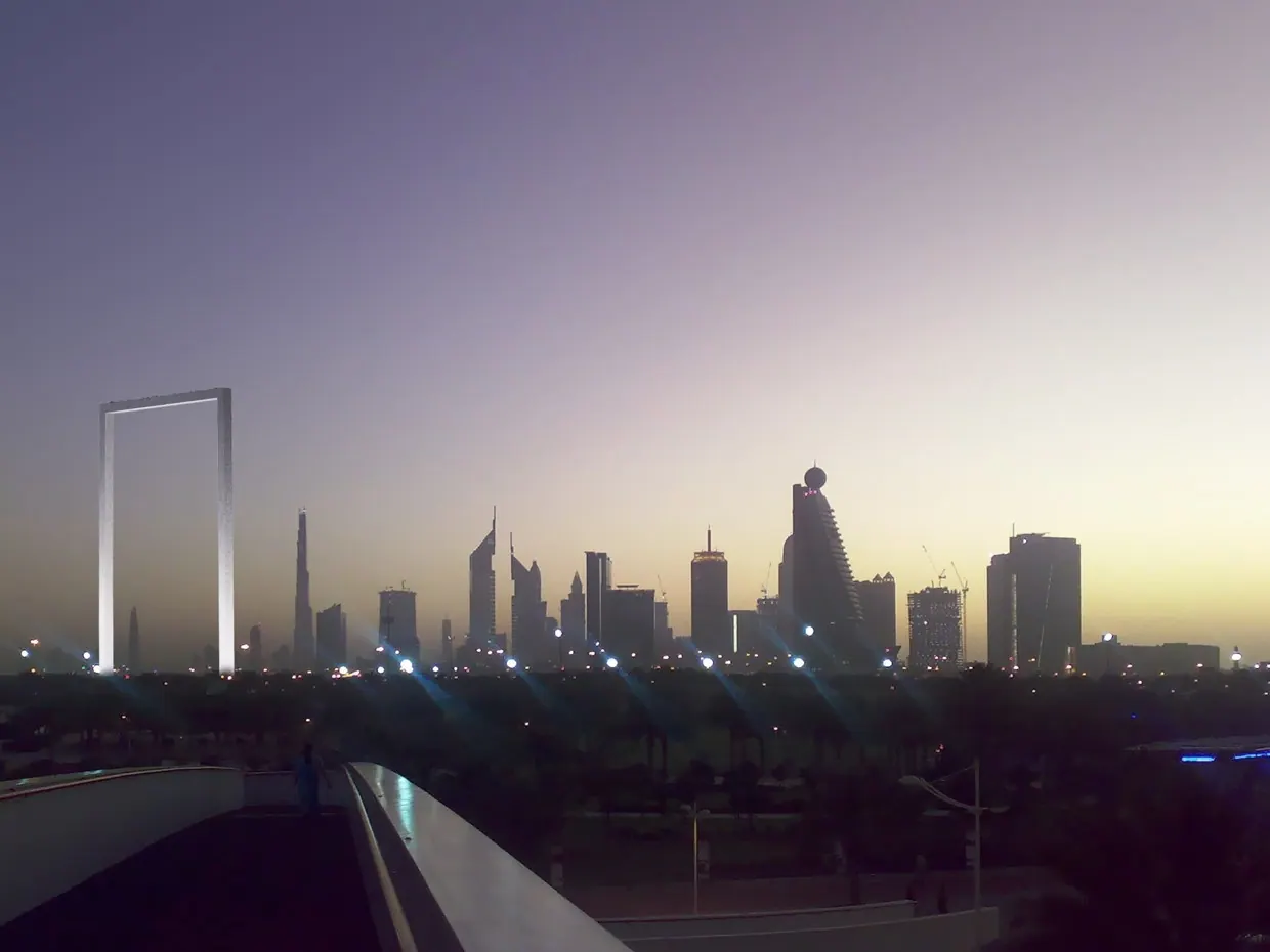 Panoramic view of Dubai skyline with major attractions visible