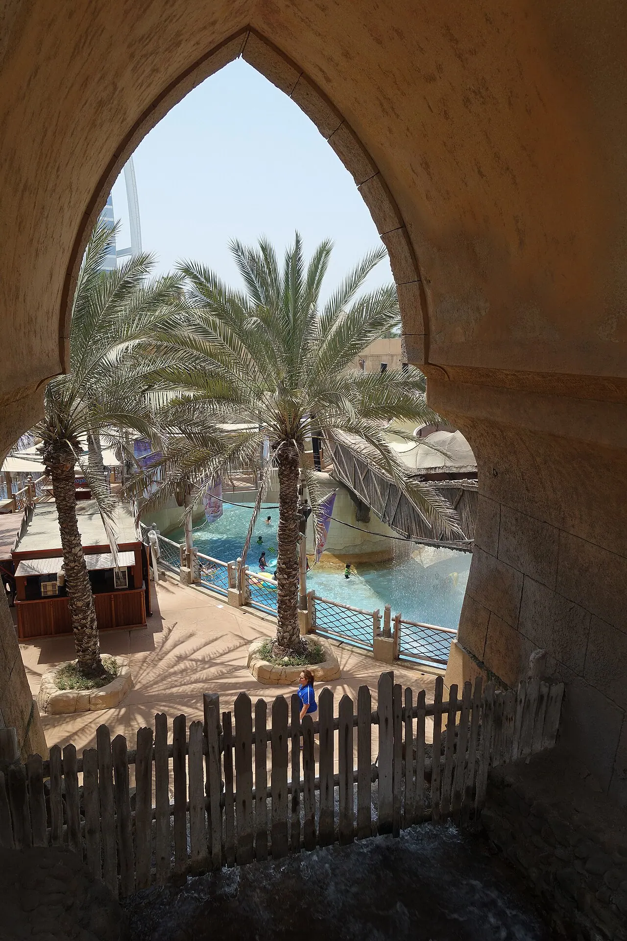 Aquaventure-style tower slide against blue sky